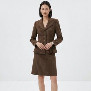 T. Milano Suit Jacket Skirt Brown Pinstripe Academia Office 12